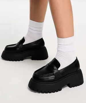 ASOS Design Women’s Wide Fit Maestro Chunky Loafers Shoes Academia in Balck 9W thumbnail 1