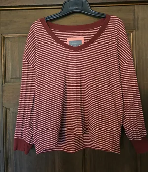 O Anthropologie Striped V-Neck Pullover in Burgundy and Cream Medium thumbnail 1