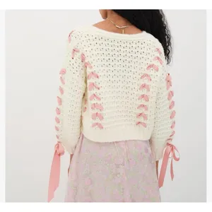 Ribbon Lace Up‎ Cardigan Womens Large Cream Pink Coquette Pointelle Knit Chunky thumbnail 2