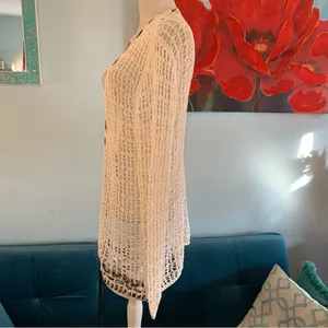 Katie Todd Weave Crochet Cardigan Boho Sz M Medium Cover Up White Ribbon Trim thumbnail 6