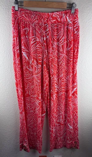 C&C California‎ Linen Wide Leg Pants Women M Red Tropical Leaf Coastal Resort thumbnail 1