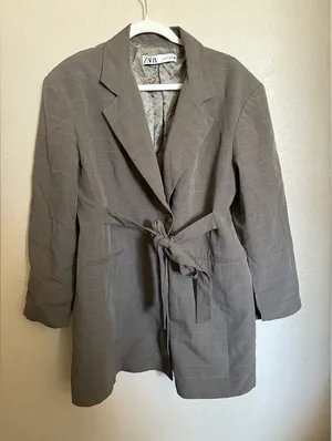 Zara Belted‎ Plaid Blazer Coat Sz Large Brown Grey thumbnail 1