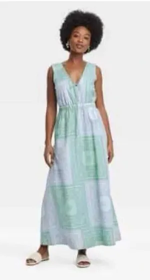 Universal Thread NWT Women's Green Gray Paisley Elastic Waist Maxi Dress Size XS thumbnail 1