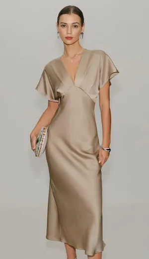 Rihoas Apricot V Neck A-Line Satin Midi Dress thumbnail 1