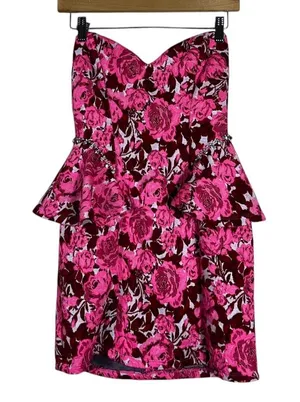 Zara Peplum Strapless Floral Jacquard Mini Dress Pink Rhinestone Party Size L thumbnail 1