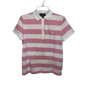 Y2K Lauren Active Ralph Lauren Pink White Stripe Polo Crest Preppy Golf L thumbnail 3