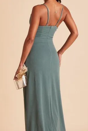 Birdy Grey Ash Crepe Sea Glass Bridesmaid Dress Party cowl neck slit floor length skinny spaghetti straps, invisible back zipper stretch crepe-L thumbnail 3