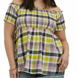 Torrid Multicolor Plaid Smocked Off Shoulder Babydoll Top Size 0 (12) thumbnail 1