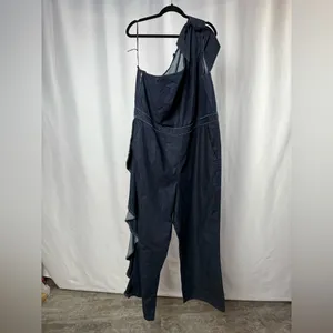 Eloquii One Shoulder Ruffle‎ Denim Jumpsuit in Blue Size 24 thumbnail 2