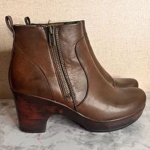 b.o.c. Brown Leather Ankle Booties with Side Zip and Wooden Heel thumbnail 1