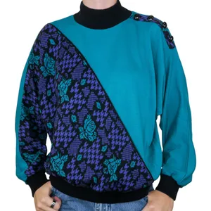 Vintage 80s Purple & Teal Houndstooth Rose Sweater thumbnail 1