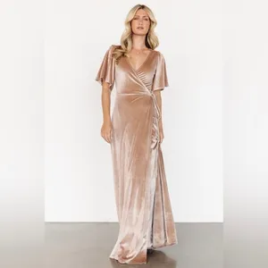 Baltic Born Beige Velvet Meghan Short Flutter Sleeve Wrap Maxi Dress Sz.XL thumbnail 2