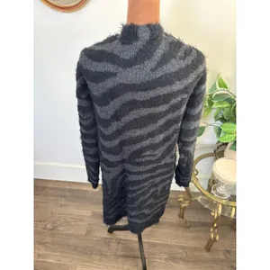 Isela Fuzzy Knit Cardigan Duster Sweater‎ Open Front Zebra Stripe Gray Black M thumbnail 4