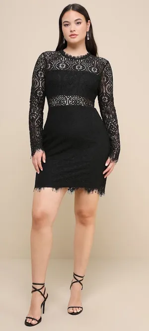 Lulu's Black Lace Long Sleeves Midi Dress with Scalloped Hem. thumbnail 1