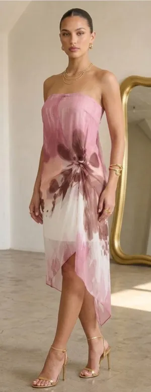 Rubber Ducky Silk Midi Dress Strapless Corset Bustier Asymmetrical Glam Pink Sma thumbnail 1