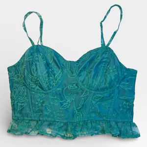 Free People Now or Never Corset Crop Tank Ruffle Floral Textured Teal Green XS thumbnail 1