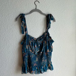 💙Natural Life Eloise Teal Blue Floral Smocked Tie Strap Tank Top thumbnail 4