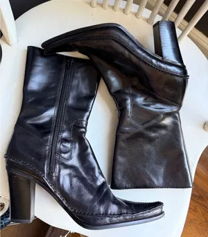 Nine West Black Leather Mid-Calf Boots with Block Heel thumbnail 1