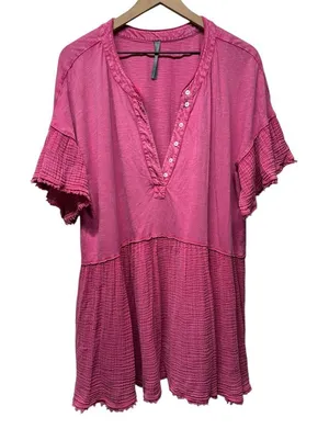 By Anthropologie Gauze‎ Tunic Mini Dress Sz S Pink Henley Oversized Boho Fringe thumbnail 1