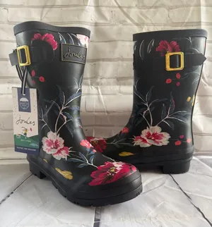 Joules Black Floral Waterproof Women's Rain Boots with Gold Buckle thumbnail 1