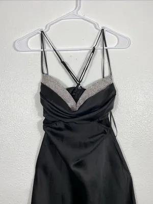 Hello Molly Black Satin Spaghetti-Strap Cutout Maxi Dress with Silver Trim SZ 4 thumbnail 6