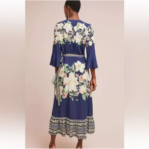 Farm Rio Anthropologie Midnight Flower Wrap Dress Blue Floral Cottage Small thumbnail 2