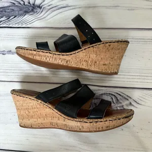 BORN Cork 3” Wedge Heel Strappy Slip-On Black Leather Sandals Sz‎ 10 Platform thumbnail 9