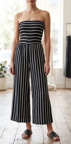 HEM & THREAD Smocked Strapless Wide-Leg Jumpsuit M 14.5” + p2p Black/White EUC thumbnail 1