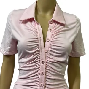 Source Unknown Pink Ruched Bodycon Full Button Front Short Sleeve Mini Dress Womens Small thumbnail 5