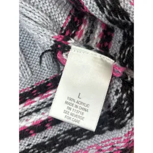 Dressbarn Gray Cable Knit Hoodie Sweater L Pink Fair Isle Trim thumbnail 4