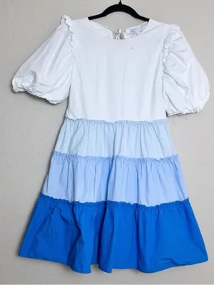 English Factory Colorblock Tiered Ruffled Mini Dress M Blue White Ombre Ruffle thumbnail 5