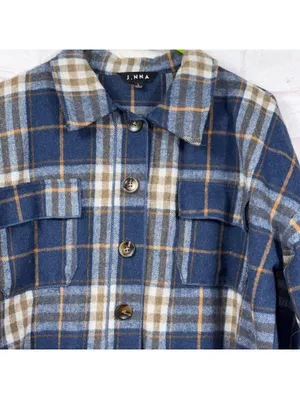 J.NNA Women’s Plaid Shacket Jacket Size Large Blue Brown Button Front thumbnail 2
