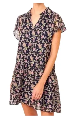 LOFT Dress Black Floral Drop Waist Ruffle Neck Gold Embroidered Polka Dot thumbnail 1