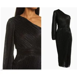 Saylor Alora Dress in Black Metallic Womens Plisse One Shoulder Midi thumbnail 11