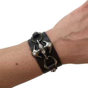 Gothic Punk Rock Gunmetal Pewter Tribal Wings Rhinestones Leather Cuff Bracelet thumbnail 1