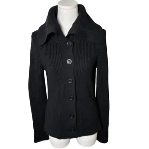 Ann Taylor Merino Wool Chunky Ribbed Cardigan Black Collared Button Front Size M thumbnail 2