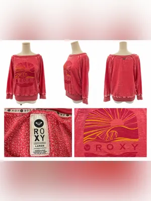 Roxy Size Large Red Burnout Graphic Sweatshirt Wide Neck Surf Beach Pullover thumbnail 6