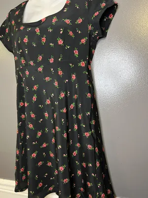 Vintage Esprit Dress Women 6 Black Floral Fit & Flare Short Square Neck Sundress thumbnail 4
