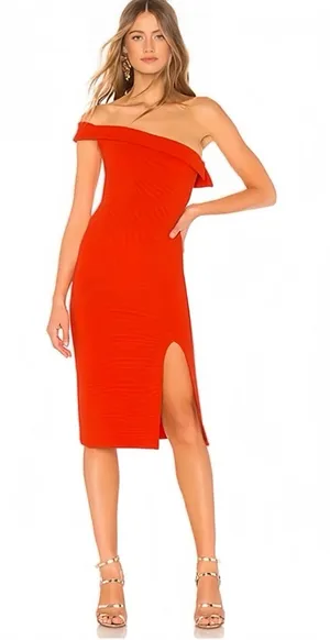 NBD Revolve Kade Midi Dress Red Orange One Shoulder Side Slit Bodycon Dress S thumbnail 1