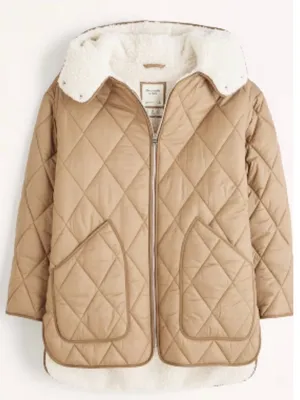 Abercrombie & Fitch Quilted Tan Puffer Jacket with White Sherpa Collar Sz Small thumbnail 14