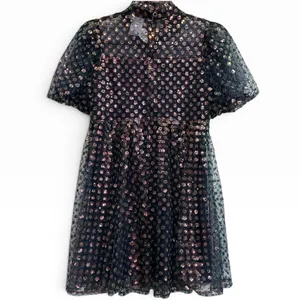 Queen Of Sparkles Navy Sequin Flower Mini Dress Mock Neck‎ Puff Sleeve XS NWT thumbnail 4