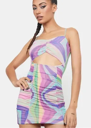 Black Bead Ruched Cut Out Swirl Print Dress Rainbow Women’s Small thumbnail 1