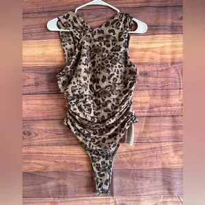Tyssedal Studio Leopard Print Ruched Crossover Halter Bodysuit Brown Tan Large thumbnail 3