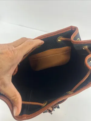 Dooney & Bourke Black Pebbled Leather Drawstring Bucket Bag with Tan Trim thumbnail 10