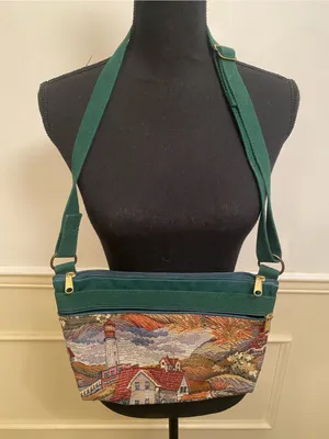 Scenic Tapestry Green Crossbody Bag with Village Motif My Maine Bag Embroidered thumbnail 1