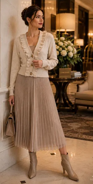 Industry L Cream Ruffle Cardigan Feminine Office Chic Quiet Luxury Sweater thumbnail 1