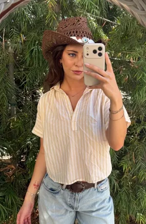 Target Universal Thread cream & white striped button up blouse sz S #western #minimalist #preppy thumbnail 1
