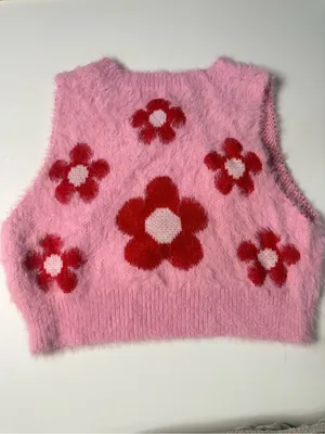 SHEIN Pink Fuzzy Floral Crop Top with Red Flowers thumbnail 3