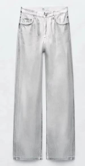 Zara TRF Metallic Silver Painted High Rise Wide Leg Women’s Jeans thumbnail 1