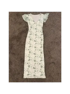 White Green Floral Maxi Dress Ruffle Sleeve Bodycon XS thumbnail 2